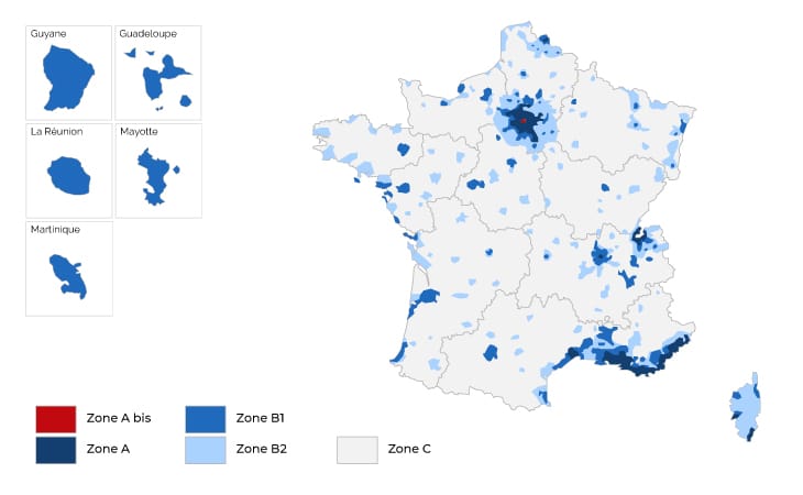 Carte représentative de la loi Pinel en France avec l'illustration des zones pinel : la zone A, zone A bis, zone B1, zone B2 et la zone C
