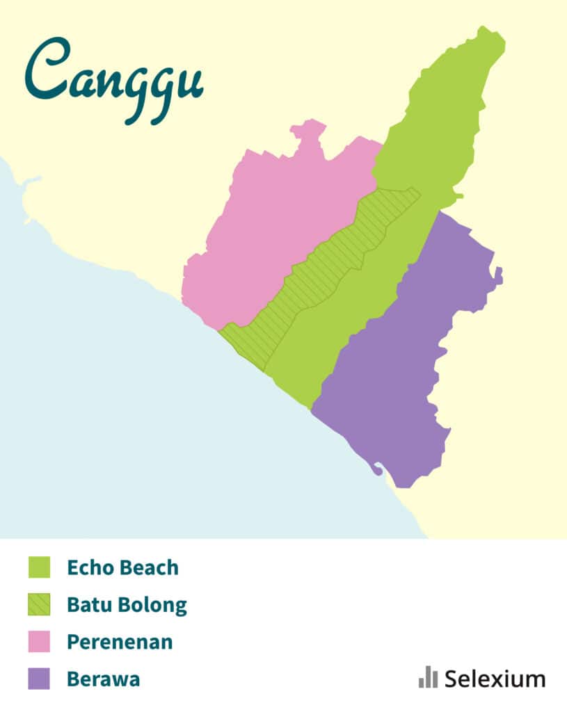 Carte des quartiers où investir dans l’immobilier à Canggu